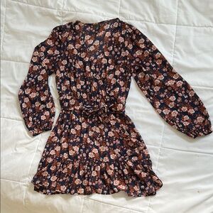 Floral Long Sleeve Waist Tie Dress